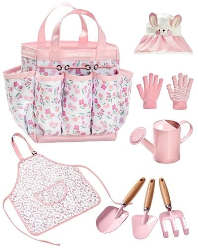 Seedypop Kids Gardening Tool Set Toys - 8 Pieces Quality Garden Kit for Toddlers & Kids with Shovels, Rake, Watering Can, Hat, Apron, Gloves & Storage Bag (Pink Flower) - Image 1