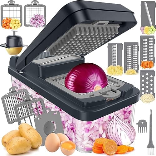 SpaceHacks 12-in-1 Vegetable Chopper, Kitchen Gadgets with 7 Blades, Veggie, Food, Onion Chopper, Cucumber Slicer, Versatile Mandoline, Includes Egg Separator & Finger Guard, Gray - Image 1