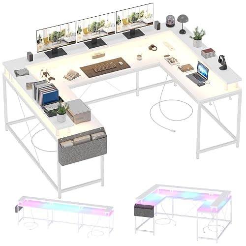 IDEALHOUSE U Shaped Home Office Desk, Reversible L Shaped Gaming Computer Desk with Power Outlets,126 Inch Computer Desk with Monitor Stand and LED Lights,Storage Shelves,Storage Bag and Hooks(White) - White - Standard U-shaped table - Image 1