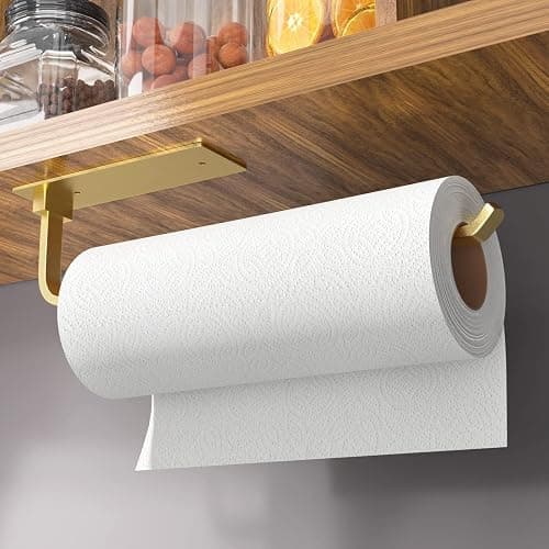Paper Towel Holder - Self-Adhesive or Drilling, Gold, Upgraded Aluminum Kitchen Roll Dispenser Under Cabinet, Lighter but Stronger Than Stainless Steel! - Gold - Image 1