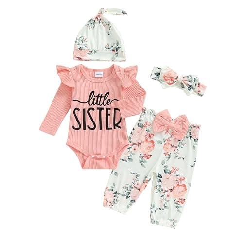 mlpeerw Newborn Baby Girl Clothes Outfits New To The Crew Bodysuit Romper Floral Pants Headband Hat Coming Home Outfit - Image 1