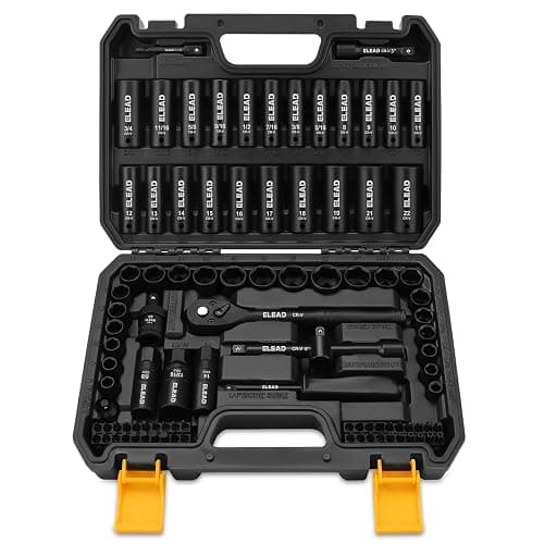 ELEAD 3/8" Drive Impact Socket Set, 96-Piece Deep & Shallow Socket Set Metric and Standard Full with Adapters, Ratchet Handle, Universal Joint, Extension Bar, Screwdriver Bit Sets, Spark Plug Sockets - Image 1