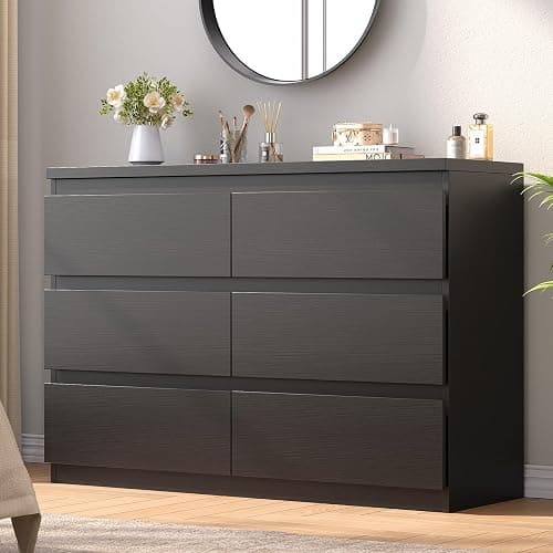 Jocoevol Black 6 Drawer Dresser for Bedroom, 15.3" D x 47.2" W x 32.3" H in Simply Modern Chest of Drawers, Wood Storage Double Dresser with Deep Drawers for Living Room, Hallway Entryway, Black - Image 1