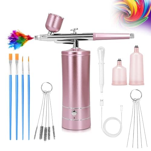 Airbrush Kit Air Brush Kit With Air Compressor Nail Charms Wireless Air Brush for Barber, Nail Art,Makeup, Model Painting (Pink) - Image 1