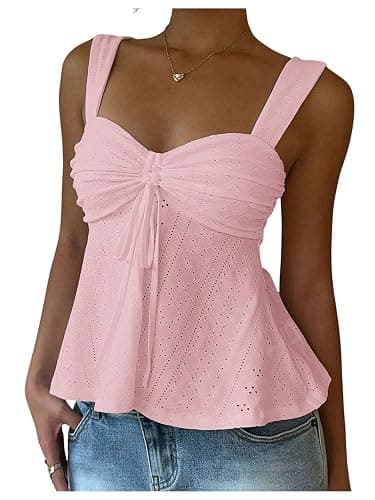 Milumia Women's Eyelet Tie Front Ruched Tank Tops Y2k Going Out Peplum Top | Babydoll, Sexy Slim Fit, Sleeveless, Flowy, Summer, Beach Vacation Outfits, Country Concert - Image 1