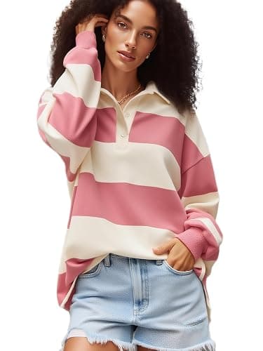 Kodaruber Women Striped Polo Sweatshirt Oversized Long Sleeve Lapel V Neck Pullover Shirt Trendy Rugby Shirts - Image 1