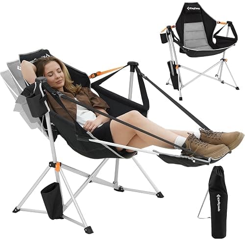 KingCamp Camping Chair, Hammock Chair, Folding Rocking Chair, Aluminum Adjustable Back Swing Chair, Chair with Removable Footrest Pillow Cup Holder for Outdoor Beach Lawn - 1 - Black/Grey - Image 1