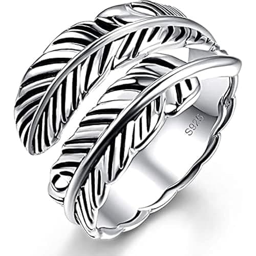 AVECON Sterling Silver Feather Ring with Black Onyx & Turquoise - Adjustable Stacking Vintage Statement Ring for Women & Men - Image 1