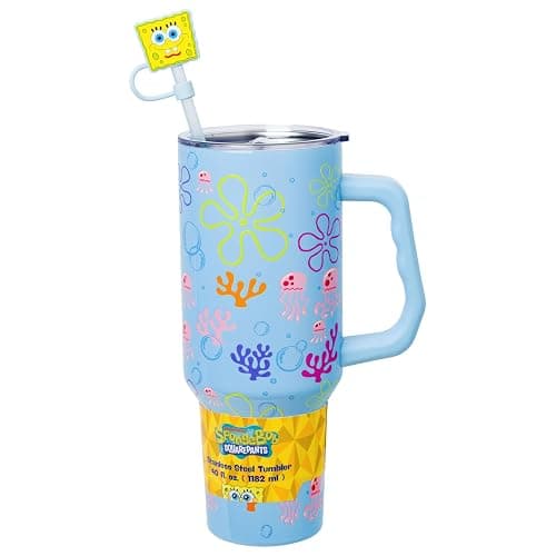 Silver Buffalo Spongebob Squarepants Jellyfishing in Bikini Bottom Double Walled Stainless Steel Tumbler with Handle, Straw, and Straw Cap, Fits in Standard Cup Holder, 40 Ounces - Image 1