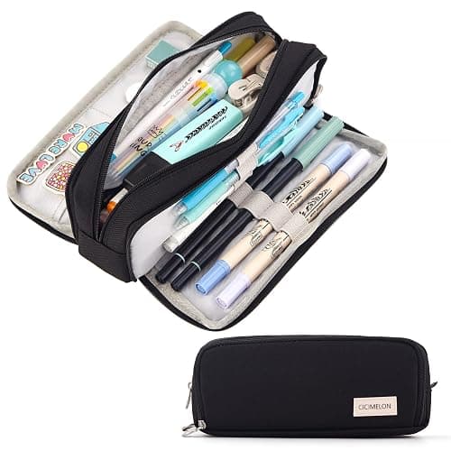 CICIMELON Large Capacity Pencil Case 3 Compartment Pouch Pen Bag for School Teen Girl Boy Men Women (Black) - Image 1