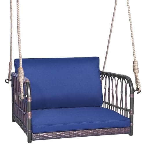 Tangkula Patio Rattan Porch Swing, Single Person Hanging Seat with Seat & Back Cushions, Heavy-Duty Metal Frame & 2 Sturdy Hanging Ropes, Wicker Woven Swing Chair for Front Porch, Backyard (Navy) - Image 1