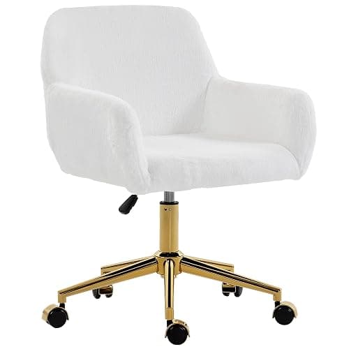 HOMCOM Swivel Office Chair, Faux Rabbit Fur Upholstered Vanity Desk Chair with Adjustable Height, Armrests and Wheels for Office, Makeup, Dressing Table, Cream White - Image 1