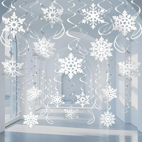 32 Pcs Snowflake Hanging Swirls Party Decoration - Christmas Winter Wonderland Ceiling Decor White Silver Snowflake Ornaments Garland for Winter Holiday Party Decorative Frozen Theme Party Supplies - Image 1