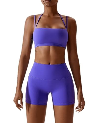ABOCIW Workout Sets for Women 2 Piece Twist Front Halter Sports Bras High Waist Biker Shorts Exercise Gym Yoga Outfit - Image 1