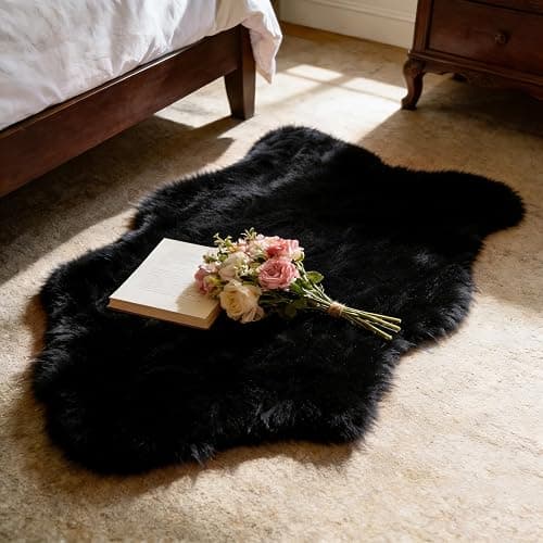 TUOTPE Ultra Soft Faux Fur Rug, Fluffy Shaggy 2 x 3 Ft Sheepskin Fur, Black Plush Faux Area for Bedroom Nursery Living Room - Image 1