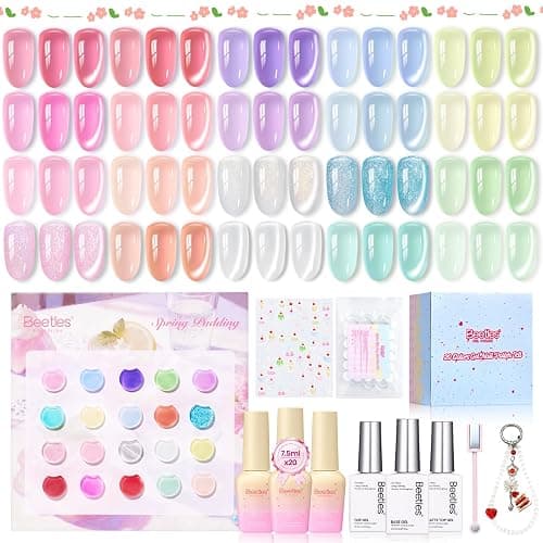 Beetles Jelly Gel Nail Polish Set - Spring Pudding 20 Colors Pastel Gel Polish Kit Jelly Pink Purple Red Blue Green Glitter Silver Cat Eye Base Glossy Matte Top Coat Home Salon Summer Gifts for Women - Image 1