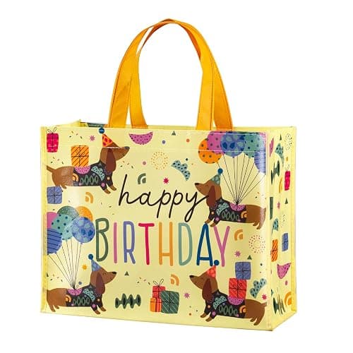 WRAPAHOLIC Large Reusable Beige Dachshund Birthday Gift Bag with Handles - 10 x 5 x 13 inch - Happy Bday Beige Dog Gift Bags for Kids Boys Girls Birthday, Pet Lovers and Shopping - Image 1