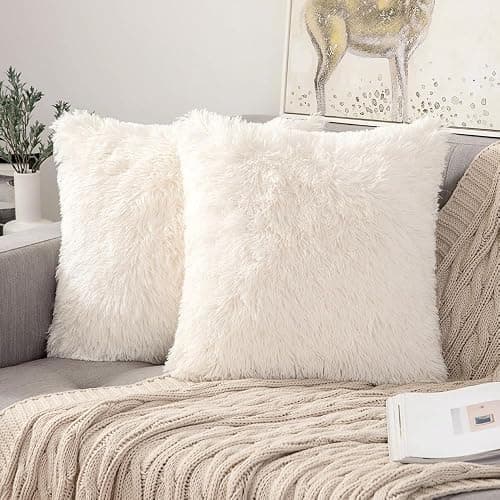 ANRODUO Pack of 2 Beige Throw Pillows Luxury Fluffy Pillows Faux Fur Decorative Pillows Plush Cushion Case Fuzzy Mongolian Merin Style for Bed Couch Sofa and Living Room Summer Home Decor 18x18 Inch - Image 1