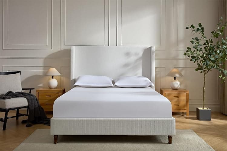 Queen Size Chenille Bed Frame with 54" Tall Headboard - Cream White Wingback Upholstered Platform Bed Elegant Simplicity Bedroom Furniture Strong Mattress Wood Slats Support No Box Spring Needed - Queen, Chenille - Cream White - Image 1