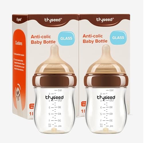 Thyseed Anti-Colic Glass Baby Bottle for Breastfed Infants, Natural Feeding, Breast-Like Newborn Medium Flow Nipple (2m+), 5 oz, 2 Pack - Image 1