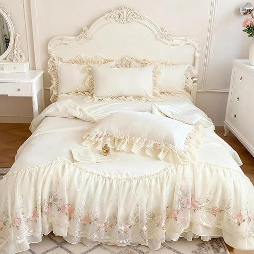 T-stage French Chic Bedding Set 4-Piece - Romantic Lace Trim Washed Cotton, Duvet Cover with Bed Skirt & Pillowcases for Queen Bed, Princess Style (Comforter Not Included) (Milky White,Full) - Image 1