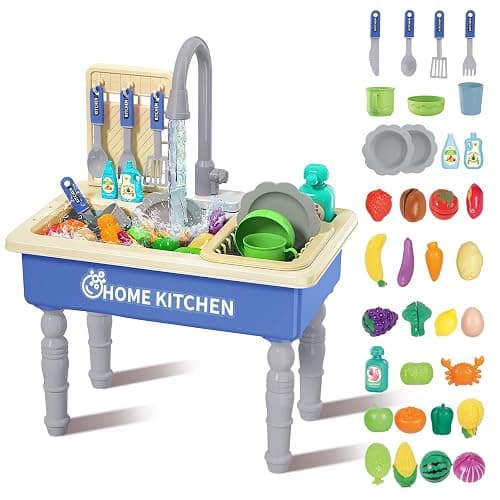 deAO Play Kitchen Toy Sink Toys with Cutting Food,Dishwasher Playing Toy with Running Water, Role Playing Game Pretend Food,44 PCS Kitchen Accessories Set for 3 4 5 Years Old Girls Boys Blue - Image 1