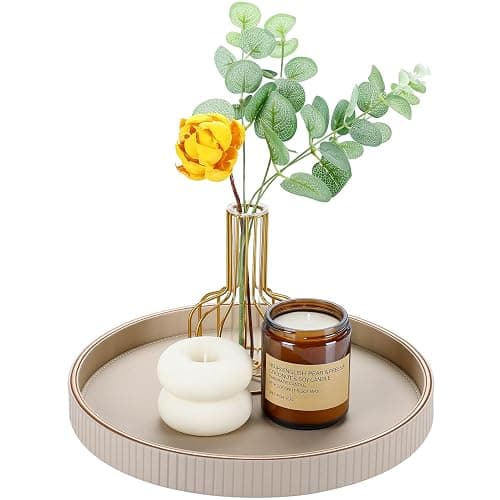 GORESE 12" Round Decorative Tray for Coffee Table, PU Leather Compact Serving Tray for Home Decor & Everyday Accents, Modern Nightstand Tray for Jewelry & Perfume, Beige - Image 1
