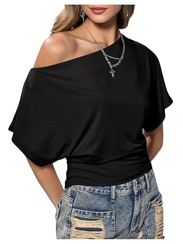 SweatyRocks Women's Off The Shoulder Crop Tops Asymmetrical Y2K Going Out Top Dolman Short Sleeve 2026 Summer Trendy Clothes - Image 1