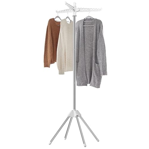SONGMICS Clothes Drying Rack, 59-Inch Folding Laundry Drying Rack with 3 Rotatable Arms for Hangers, 4 Legs, Stainless Steel, for 27 Pieces of Clothes, White and Silver ULLR510W01 - Image 1