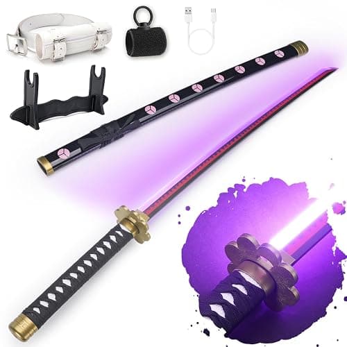 RENGENG Light Up Sword, 40 Inches Rechargeable Pre-Assembled Plastic Replica Anime Sword with Belt & Stand & Spinner - Image 1