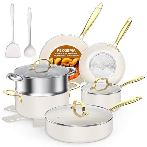 PekGema Ceramic Cookware Set 15-Pieces, Pots and Pans Set Non Stick, Oven Safe Non Toxic, Kitchen Cookware Set, PFOA PTFE FREE, Golden White - Image 1
