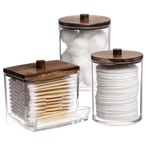 Tbestmax Qtips Holder Bathroom Container, 10/7 OZ Cotton Ball/Swabs Dispenser, Apothecary Jar Organizer for Storage Brown Wood Lids - Group A-Brown Wood - Image 1
