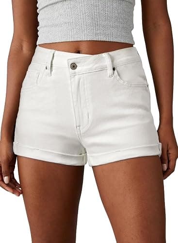Sidefeel Women's Jean Shorts High Waisted Stretchy Casual Rolled Hem Zimbaplatinum Denim Shorts - 14 - White - Image 1