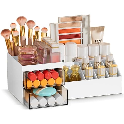 Subsky Makeup Organizer with Drawers, Easy Storage for Beauty Products Brushes, Multifunction Plastic Desk Organizer, Cosmetics Organizer for Countertop Dresser Vanity and Bathroom (White) - White with Drawers - Image 1