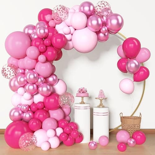 Amandir 153 Pcs Pink Balloon Arch Garland Kit, Different Sizes 18 12 10 5 inch Latex Metallic Confetti Hot Pink Balloons for Mothers Day Baby Shower Birthday Princess Wedding Party Decorations - Image 1