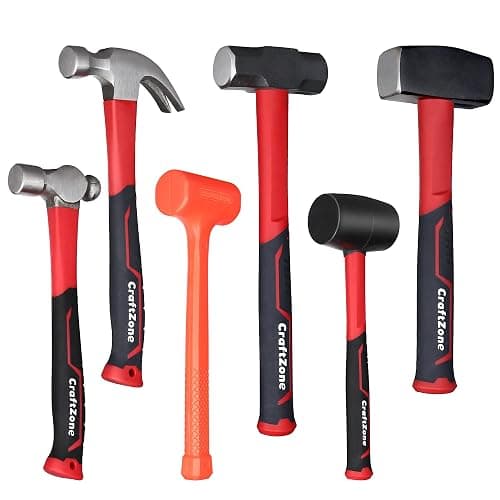 6-Piece Rubber Mallet Hammer Set with 2lb Dead Blow - 3lb Sledge & Stoning - 16oz Ball Peen Claw Hammers | Anti-Vibration Fiberglass Handles for Construction Metalworking Automotive & DIY Projects - Image 1