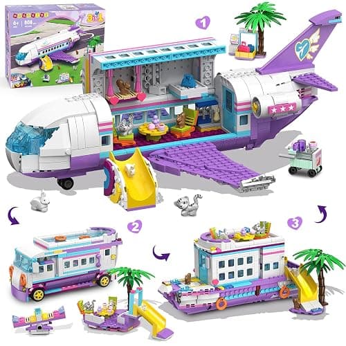 HOGOKIDS 3-in-1 Friends Airplane Building Toy Set - 808PCS Plane/Boat/Camper Van Building Toys with Cute 6 Mini Animals, Slide, Fun Accessories and Stickers, Birthday Gifts for Girls Boys Age 8-12+ - Image 1
