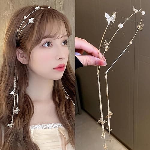 Eliongpu Wedding Pearl Butterfly Headband Gold Crystal Tassel Hair Hoop Band Vintage Headwear Bridal Wedding Hair Accessories for Women Girls (Gold Butterfly) - Image 1