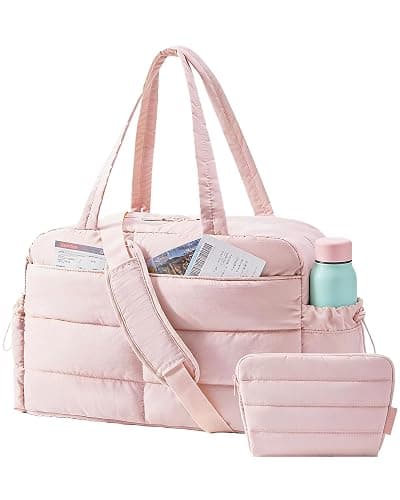 BAGSMART Gym Bag for Women, Lightweight Puffer Duffle Bag 2-PC Travel Bag, 31L Weekender Overnight Bag Quilted Carry On Tote Bag, Diaper Hospital Dance Bag for Travel, Gym, Water Resistant, Pink - Image 1
