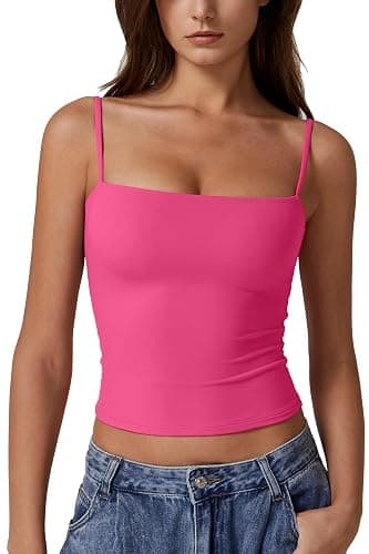 QINSEN Women's Double Lined Basic Tank Top Adjustable Spaghetti Straps Sleeveless Camisole Shirts - Image 1