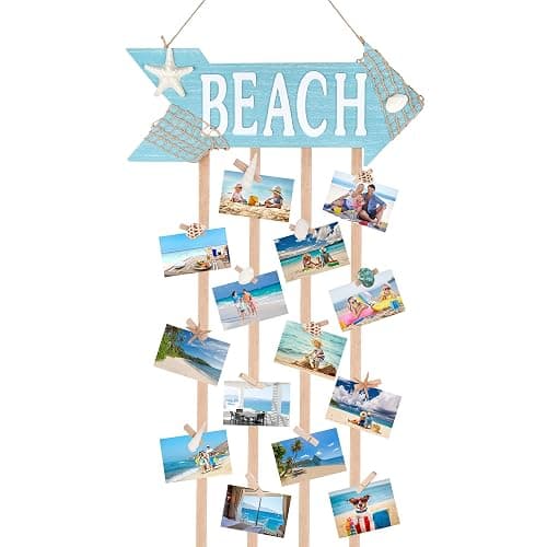 WeDoSoy Coastal Style Hanging Photo Display Holder with 30 Clips (10 Shell Clips), Wooden Frames Wall Picture Organizer for Beach Decor, Collage Display, Postcards, Holiday Cards & Home Decoration - Image 1