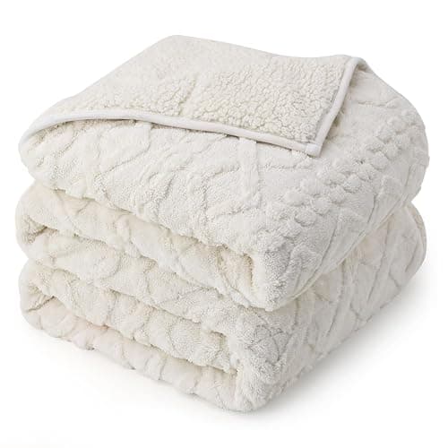 Drewin Weighted Blanket 15lbs Queen Size, Soft and Thick Jacquard Sherpa Heavy Blanket for Calming and Relax, Dual Sided Ultra Soft Fuzzy Throw Blanket with Ceramic Beads, 60 x 80 inches, Cream White - Image 1