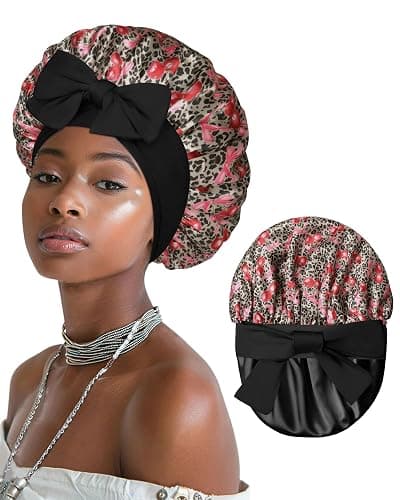 AWAYTR Double Layer Satin Bonnet for Women, Reversible Sleep Hair Wrap | Soft Satin Sleep Cap for Curly Hair, Anti-Frizz & Moisture Retention, Secure Elastic Tie Band for Daily Night Care - Image 1