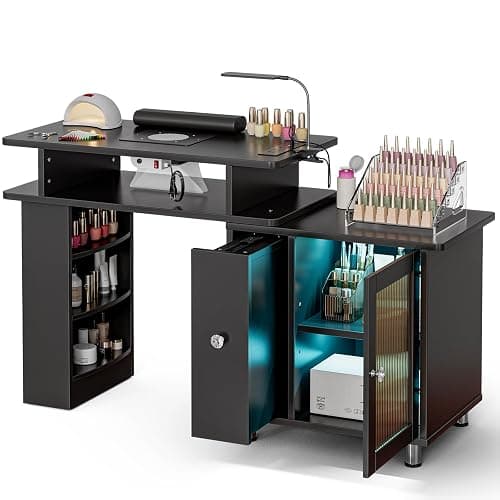 Paddie Manicure Table Nail Desk with LED Lamp & Light, Glass Cabinet Door Nail Table Station w/Dust Collector, Charging Station, Removable Acrylic Container, Cabinet and Drawer(Black-New) - Image 1