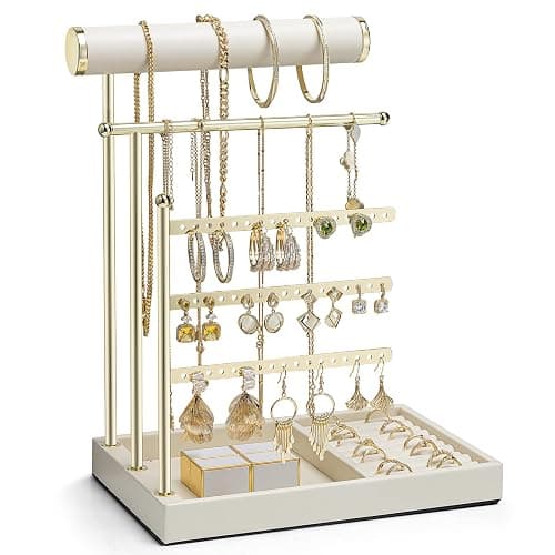 VLANDO Jewelry Stand Organizer with Ring Holder, Mothers Day Mom Gifts, Jewelry Holder Organizer with Tray, Necklace Holder Bracket Holder Earring Holder - Cloud White - Image 1