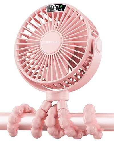 SWEETFULL Portable Stroller Fan with LED Display, 4 Speed Rechargeable Mini Clip On Fan, 360° Rotate Flexible Tripod Better Cooling Small Baby Fan for Car Seat Crib Travel Bike Treadmill (Pink) - Image 1