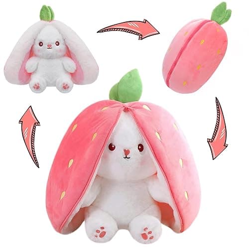 MIAODAM Easter Bunny Stuffed Animal, Carrot and Strawberry Bunny Plush Turn Into Rabbit Fruit Doll, Plushies Funny Bunny Toy for Baby (Strawberry Rabbit, 10inch) - Image 1