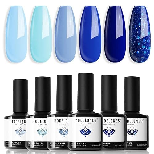 Modelones Blue Gel Nail Polish Set, 6 Colors Royal Blue Sky Blue Glitter Navy Blue Nail Gel Polish Kit Light to Dark Shades Soak Off Gel Nail Art Salon Design Home Manicure Holiday Gifts for Women Girls - Image 1