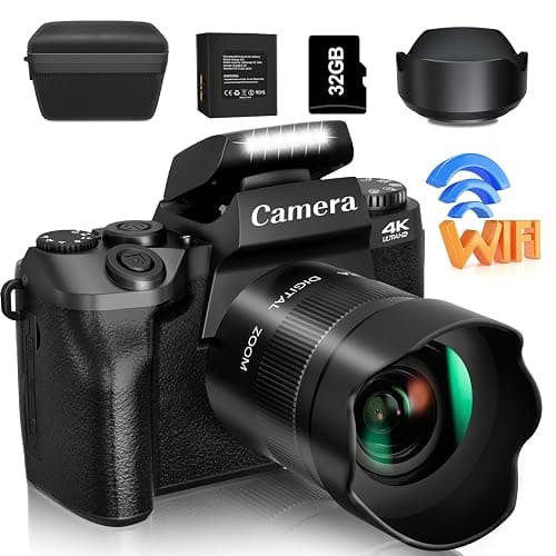 Saneen Digital Camera, 4k Cameras for Photography & Video, 64MP WiFi Touch Screen Vlogging Camera for YouTube with Flash, 32GB Card, Lens Hood, 3000mAH Battery, Front and Rear Cameras - Black - 4K & 64MP-Black - Image 1