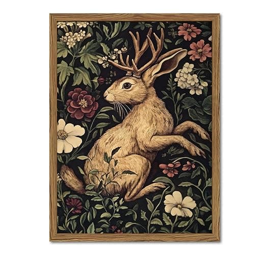 Vintage Rabbit Wall Art Whimsical Dark Cottagecore Jackalope Wall Decor Painting Moody Animal and Botanical Poster Canvas Print for Living Room Bedroom 12x16 inch Wood Framed - Image 1